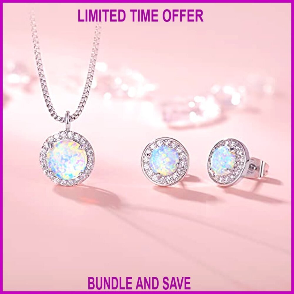 18k White Gold Plated Opal Halo Pendant Necklace and Stud Earrings Set - Picture 4 of 7